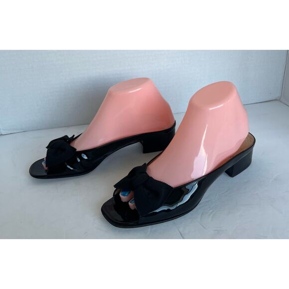 Salvatore Ferragamo Shoes - Salvatore Ferragamo Black Patent Leather Bow Open Toe Mule Slide Sandals Sz 7.5B